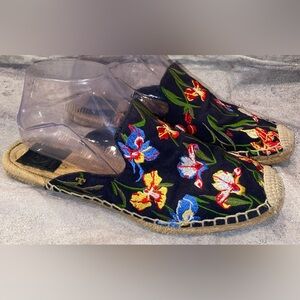 Tory Burch Max Espadrille Mules Sandals Embroidered Floral Size 8 Rope Edge Iris
